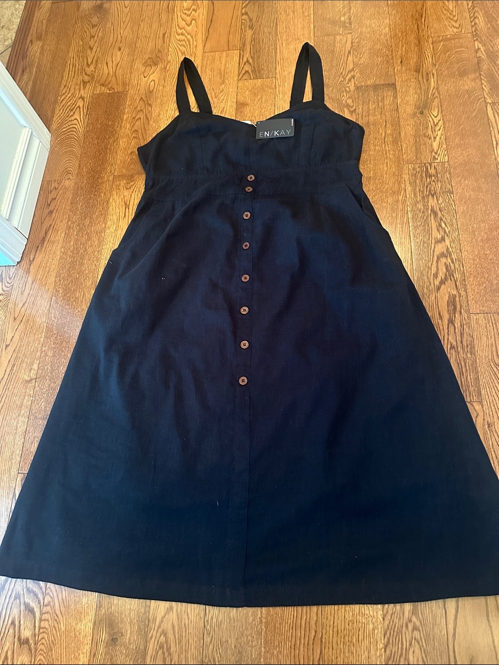 New Black Button-Front Midi Dress with Adjustable Straps